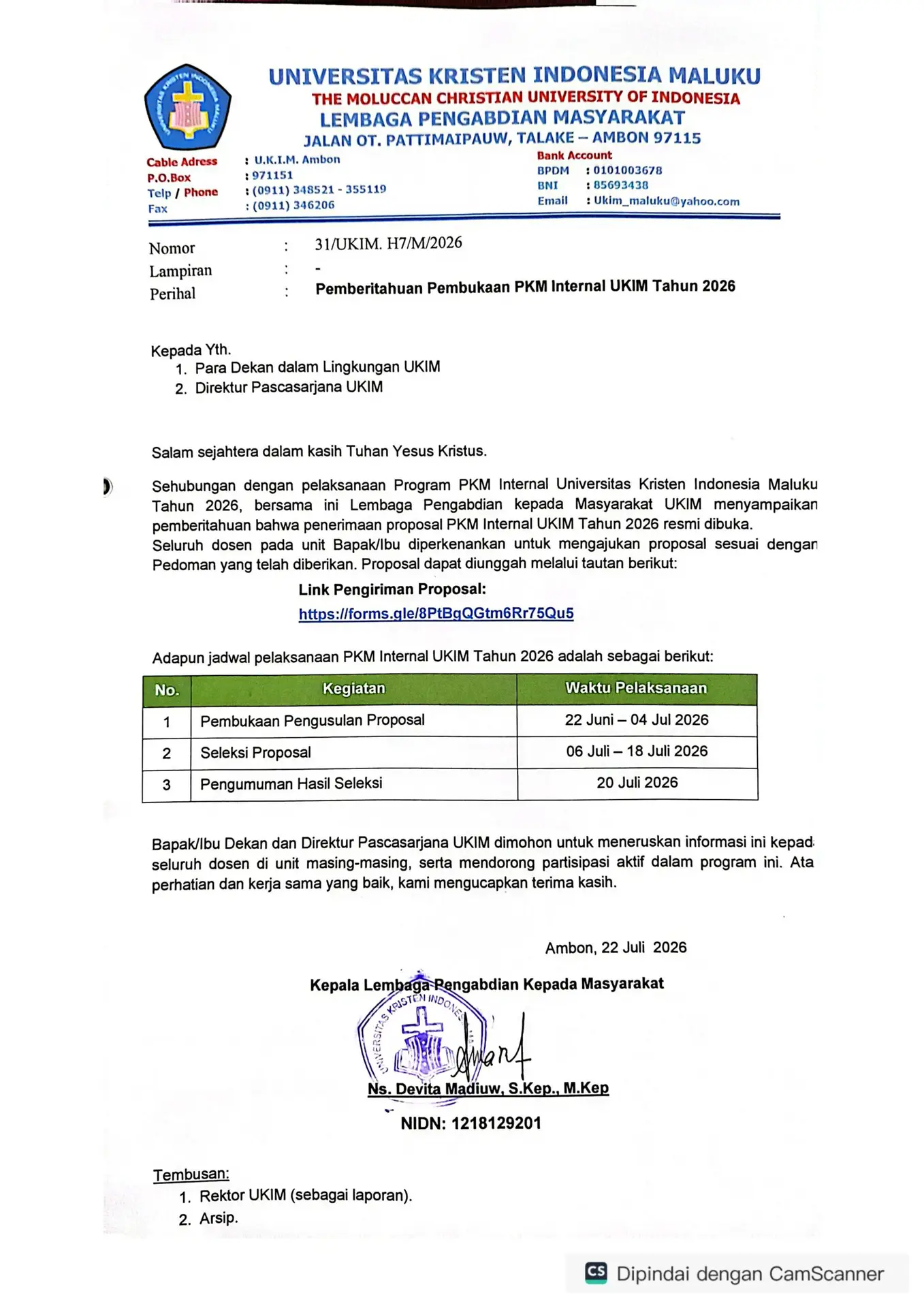 Pemberitahuan Pembukaan PKM Internal UKIM Tahun 2026
